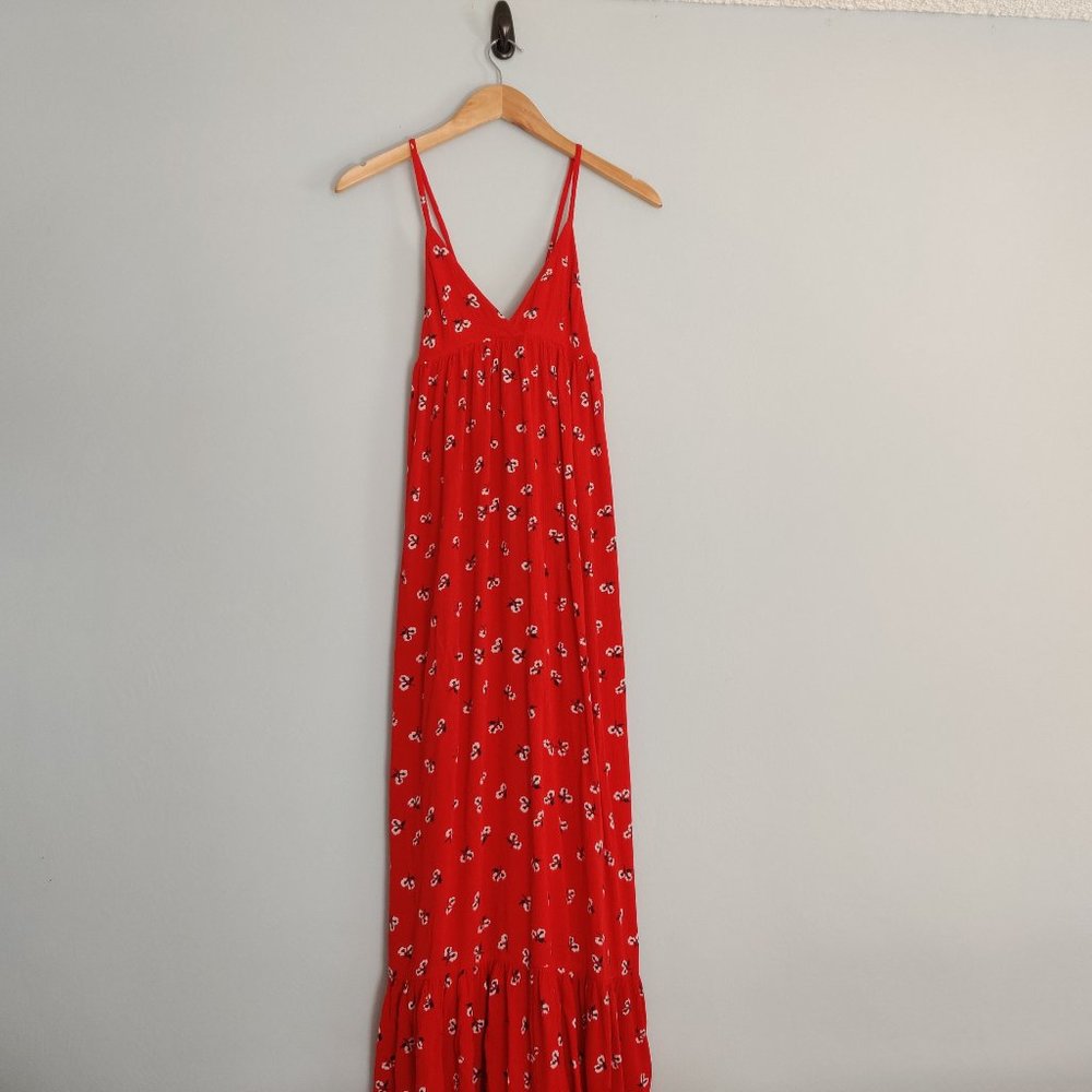 Billabong Red Floral Maxi Dress Cross Tie Back with Ruffled Hem